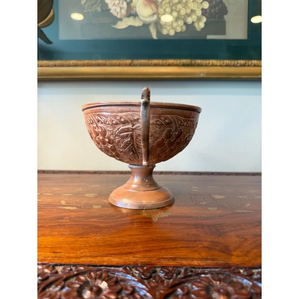 Vintage Copper-Tone Pedestal‎ Bowl with Dragon Handles